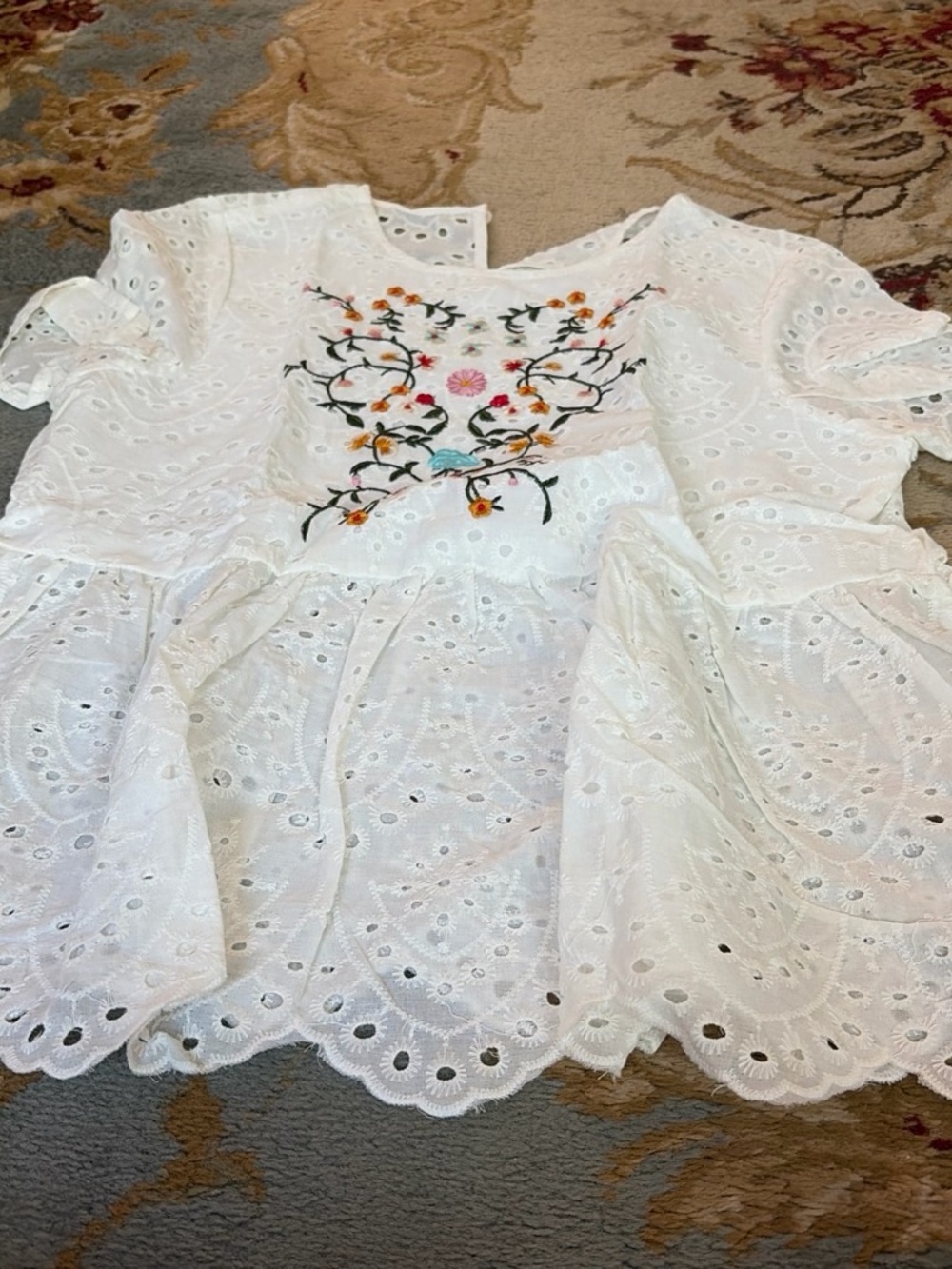 SHEIN White Eyelet Peplum Top with Colorful Floral Embroidery